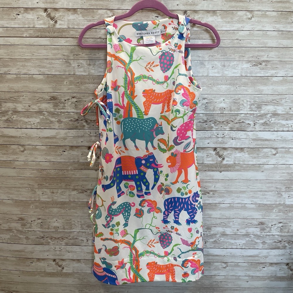 Gretchen Scott Womens XS Dress White Bougie Neon Animal AOP Classic Button Strap
